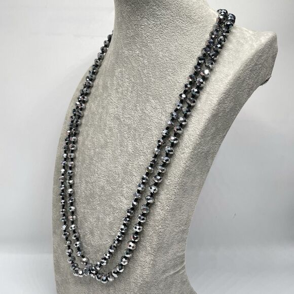 Silver Metallic 7mm Rondelle Faceted Cut Crystal Glass Bead 54" Boho Sparkly - Picture 4 of 7